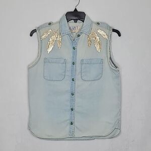 Embellished Light Blue Denim Vest